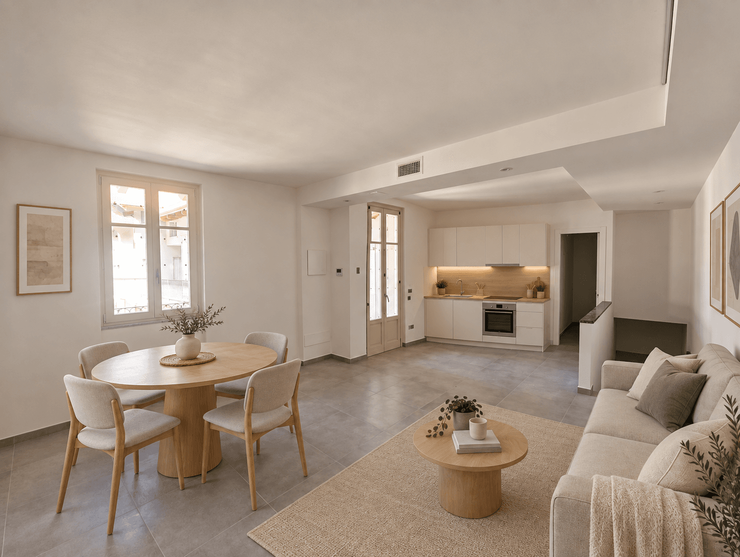 Ipotesi di arredo digitale della zona giorno dell'appartamento 9